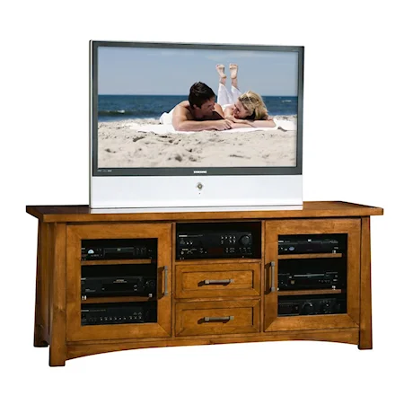 TV Console with Glass-Door Side Cabinets